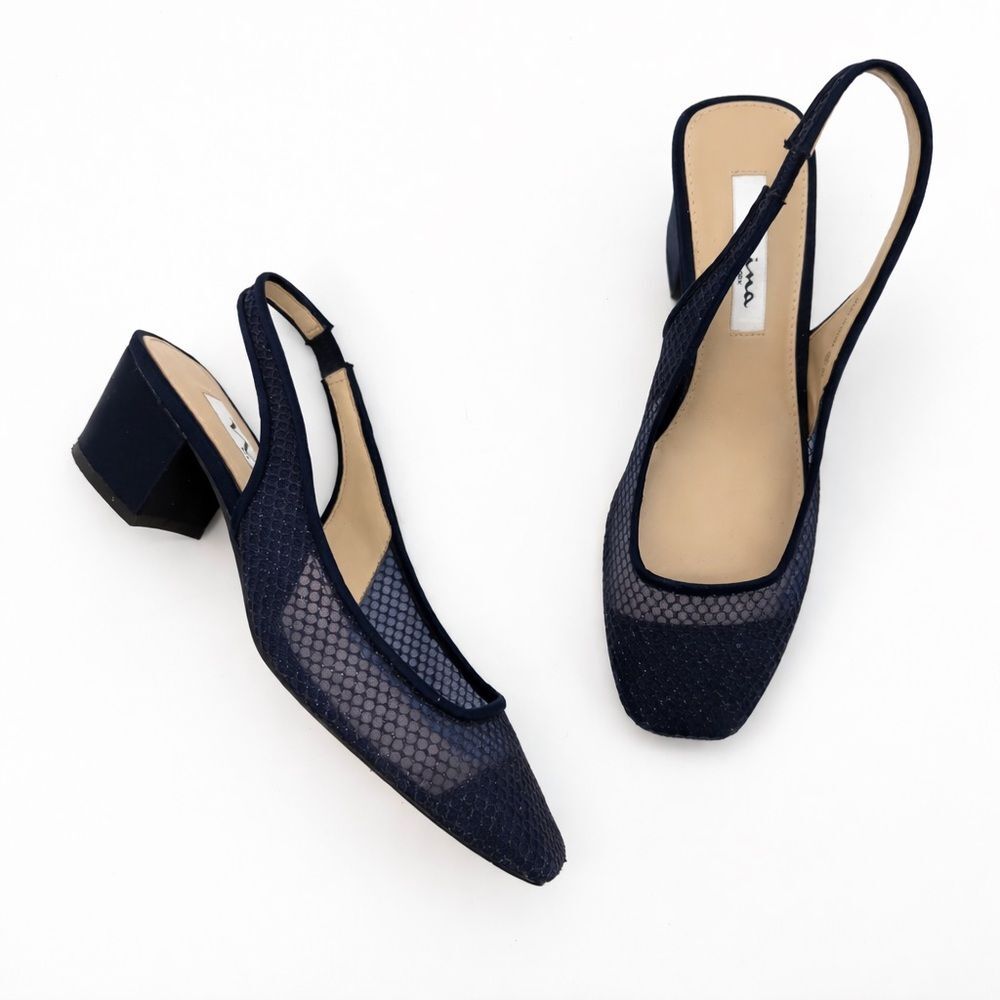 Nina Blue Slingback Pumps Square Toe Formal Mesh Heels Size 7M
